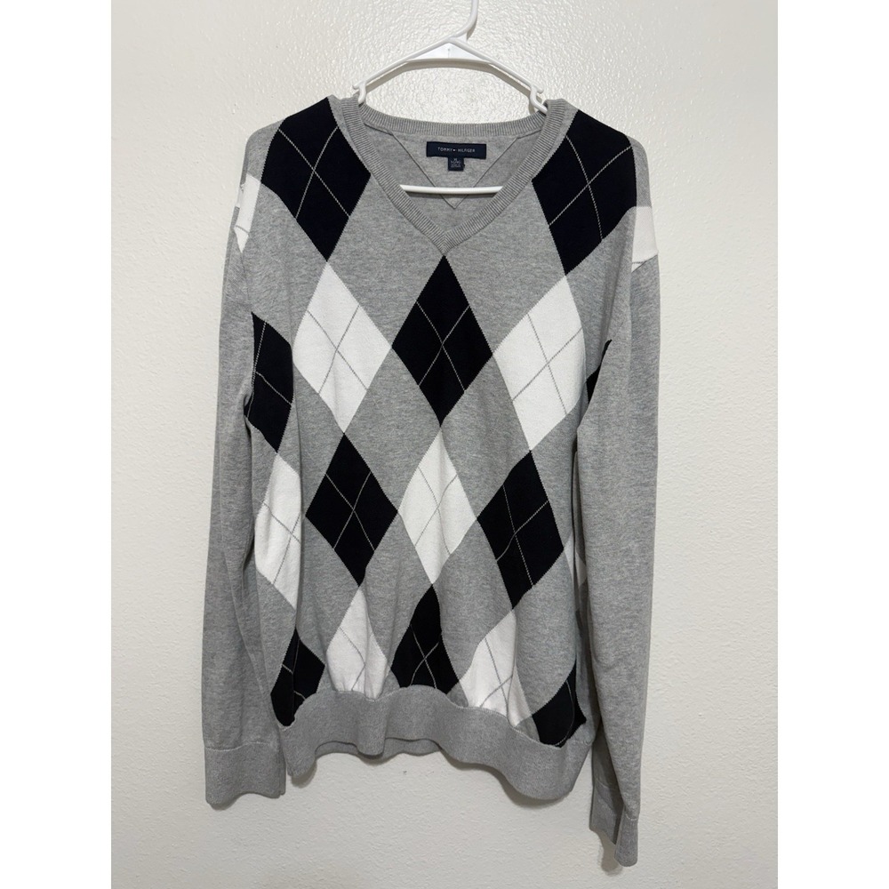 Tommy Hilfiger Sweater Men's XL  Gray Navy Argyle V Neck OUTOFSTOCK